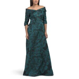 TERI JON Teal Multi Jacquard Floral Gown